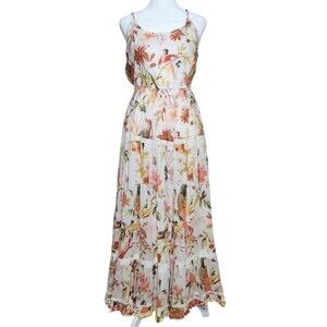 Ranee's Tiered Maxi Dress S/M White Coral Tropical Print Pom Poms Coastal Boho